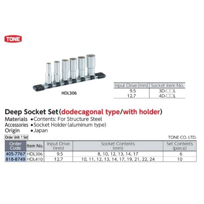 TONE Deep Socket Set Sq.Drive 12.7 mm 12 Pt 10pcs HDL410