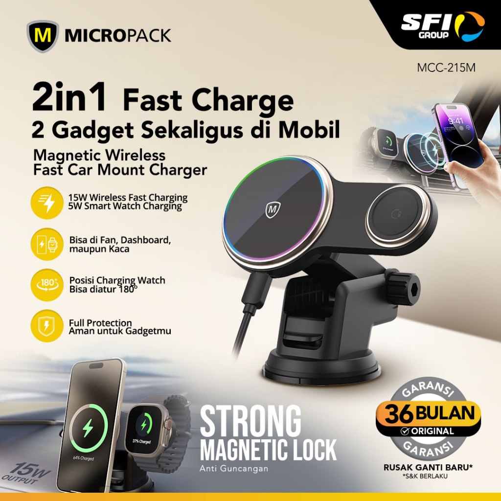 Micropack Magnetic Car Watch Charger MCC-215M Black Fast Charging Mobil Wireless - SFI Group