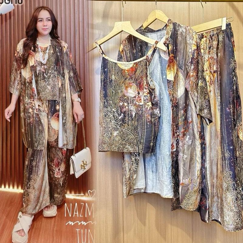 Nazma Setelan Tunik Raya Lebaran 2026 Set Wanita Celana Panjang 3 in 1 Rayon Motif Baju Muslim Outer