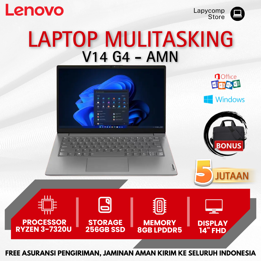 FlashSale LENOVO V14 G4 AMN Laptop Baru Ryzen 3-7320U 8GB RAM 256GB SSD 14 Inch Hitam