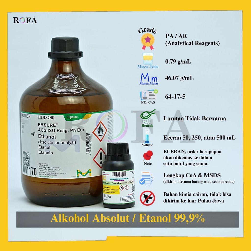 Alkohol Absolut / Etanol / Ethanol / Etil Alkohol / Ethyl Alcohol / C2H5OH 99.9% Pro Analisis Eceran