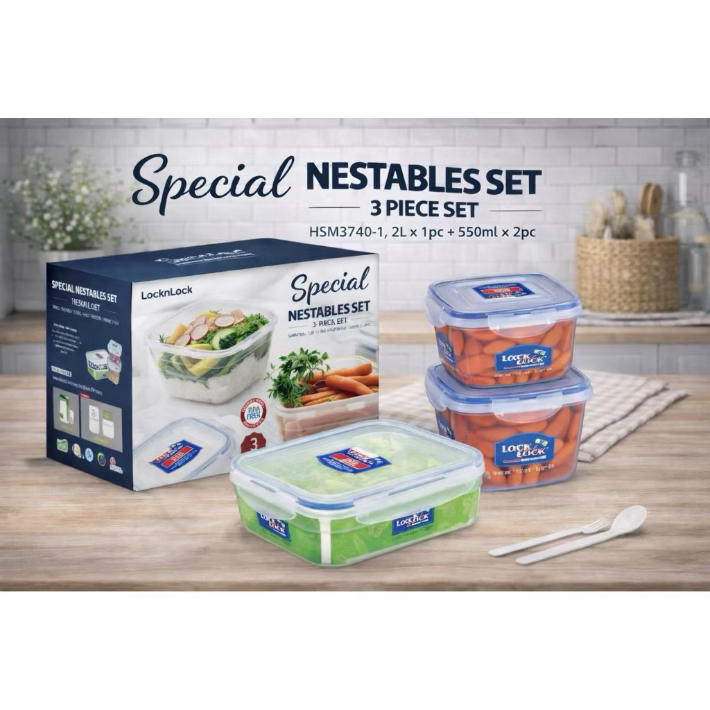 Nestables set HSM3740  isi 3 lock n lock toples wadah kedap original