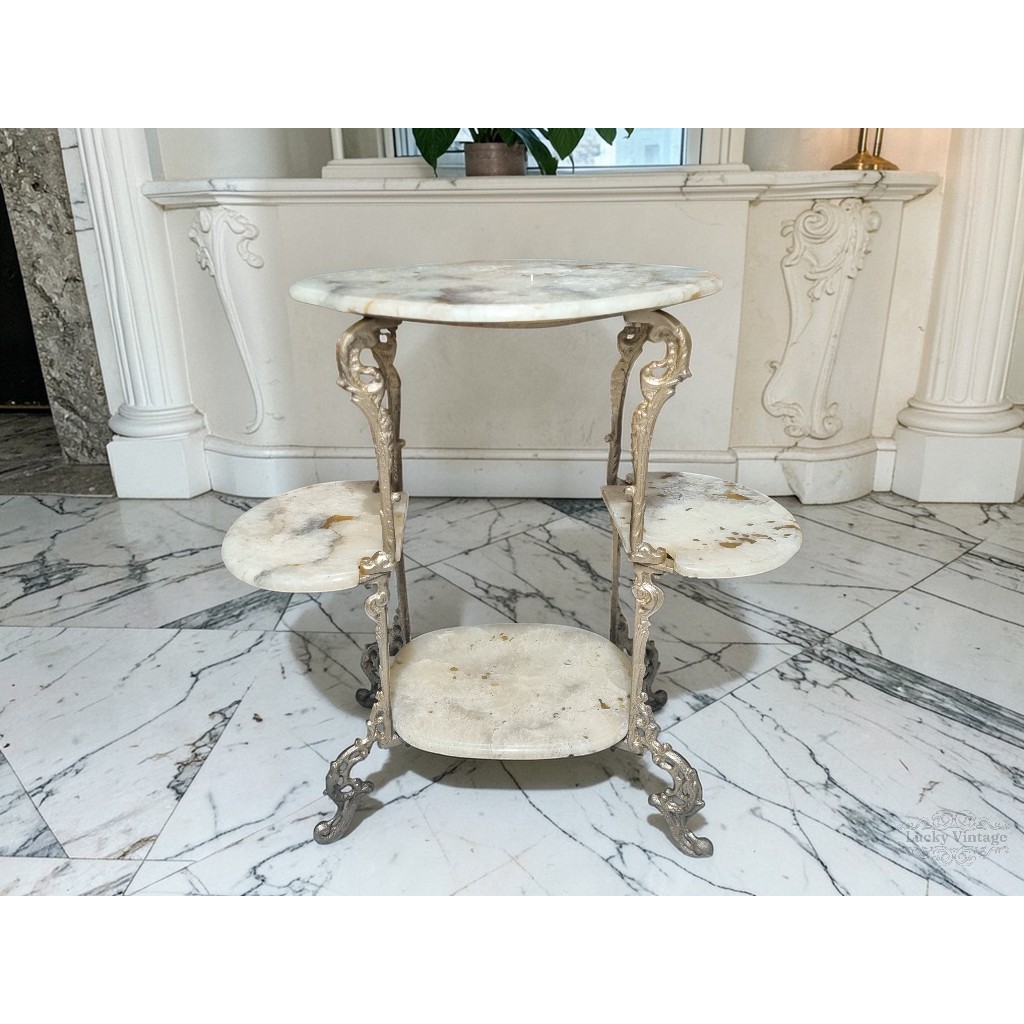 Vintage Lawas Meja Marmer Onyx Tingkat Antik