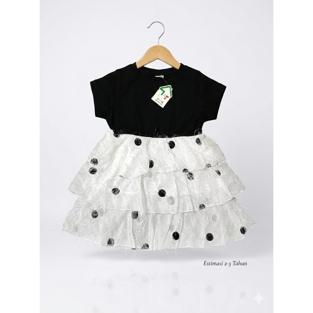 Gaun Anak Perempuan Hitam Putih Polka Dot - Dress Ulang Tahun Anak 1-2-3 Th