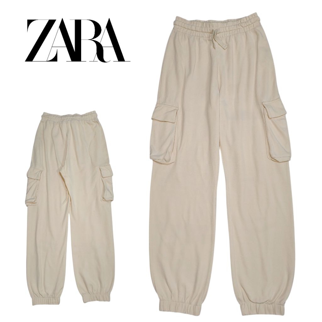 ZARA Beige Cargo Jogger Drawstring Stretch Waist Cotton Pants Trousers Size S