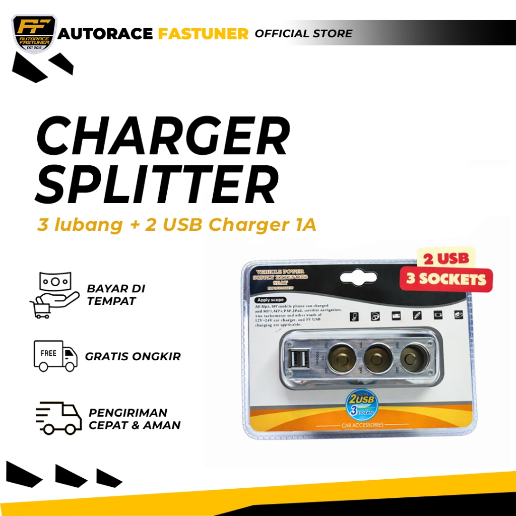 Charger Mobil Colokan USB 3 Soket Lighter Socket Splitter Cigarette Lighter 3 lubang + 2 USB Charger