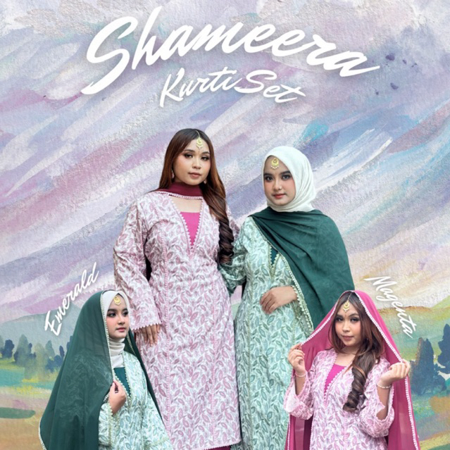 Shameera Kurti Set 3IN1 (Kurti, Celana, Dupatta) One Set Lebaran ala India Pakistan Magenta Emerald 