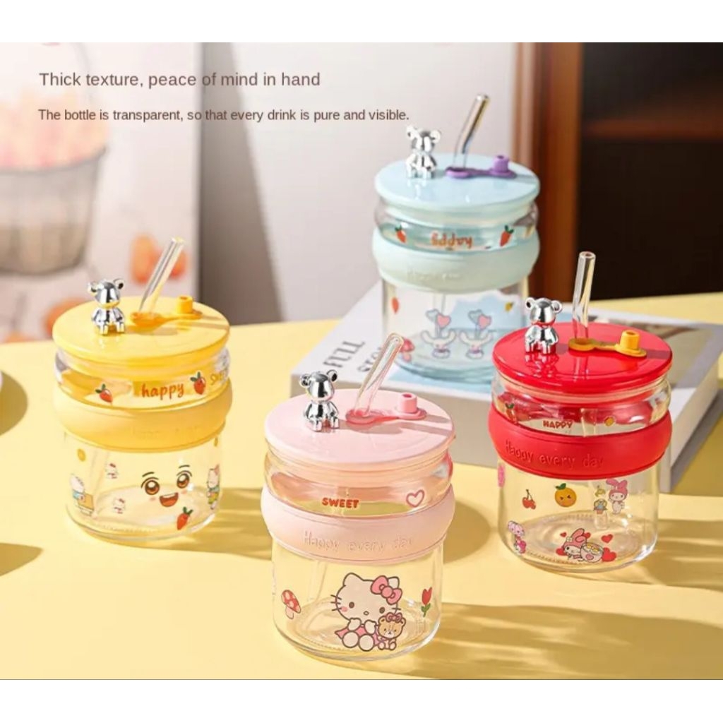 GELAS MINUM KACA DENGAN SEDOTAN FREE STIKER LUCU