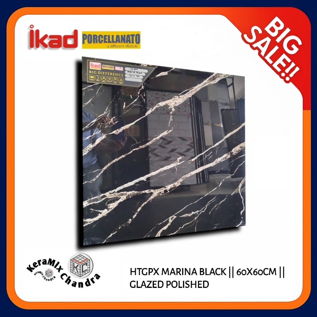 GRANIT HITAM MOTIF MARMER | IKAD HTGPX MARINA BLACK 60X60 CM | GLAZED POLISHED