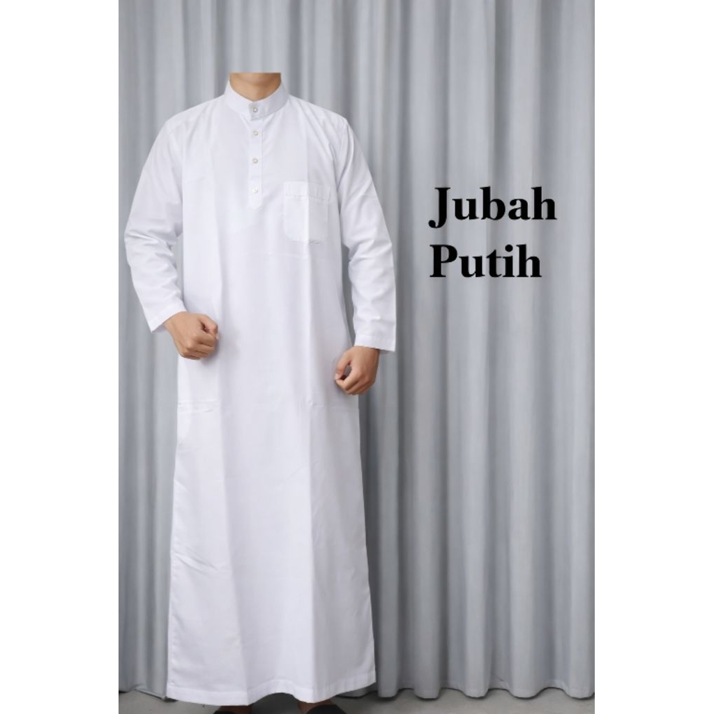 Baju Jubah Gamis Polos Putih Pria Laki-laki Dewasa lengan Panjang Bahan Katun piskin