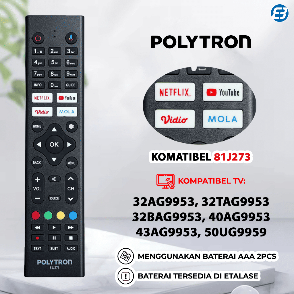 Remote Smart TV Android POLYTRON 81J273 32AG9953, 32TAG9953, 32BAG9953, 40AG9953, 43AG9953, 50UG9959