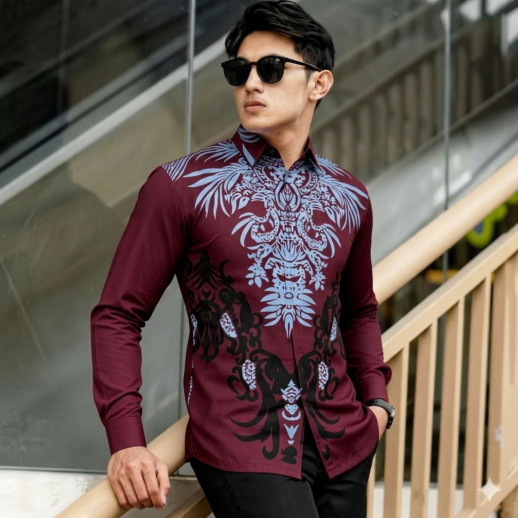 KEMEJA BATIK WARNA AGUNG WARNA MERAH MAROON KEMEJA PRIA LENGAN PANJANG WARNA MERAH MAROON