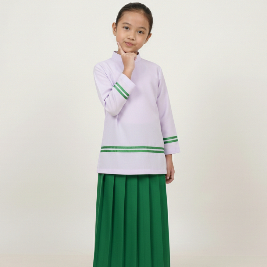 Baju Kurung Muslim Anak Perempuan Lis Hijau TK SD MI Lengan Panjang Seragam Muslim Anak