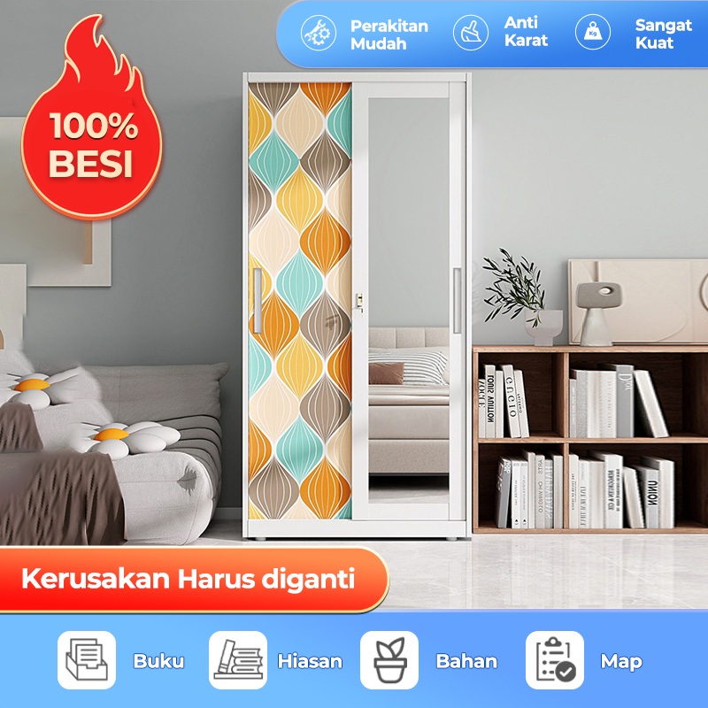 Lemari Pakaian Besi Sliding Anti Karat Minimalis 2 Pintu | 90 CM 1 Batang Rak Baju Lemari Pakaian De