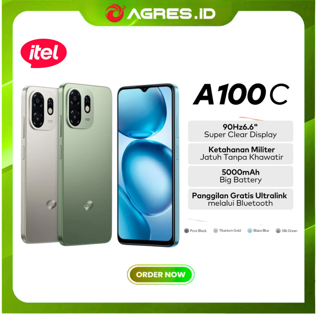 ITEL A100C 4GB 64GB - Layar 6.6" 90Hz - Military-Grade UltraLink Free Call 5000mAh Battery