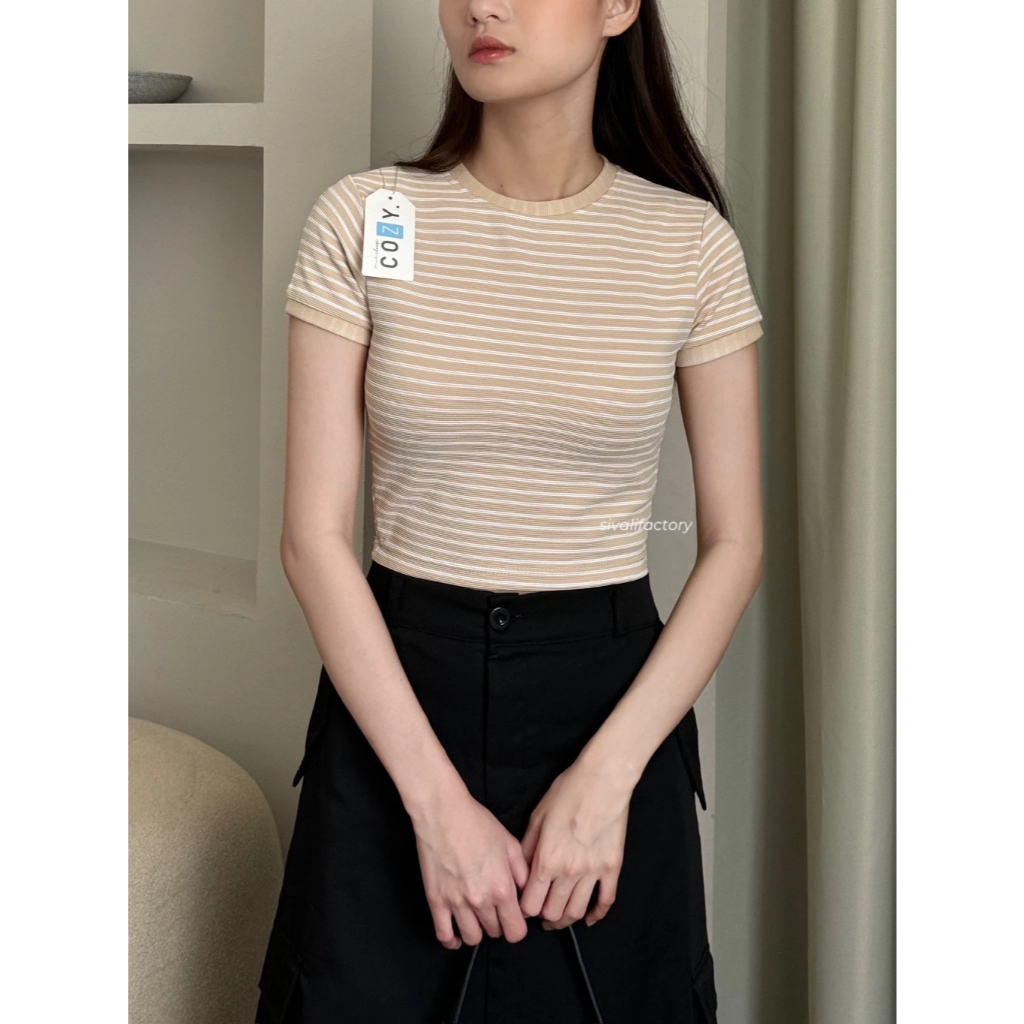 Crop Top Wanita Garis Premium Knit Kaos Basic Wanita