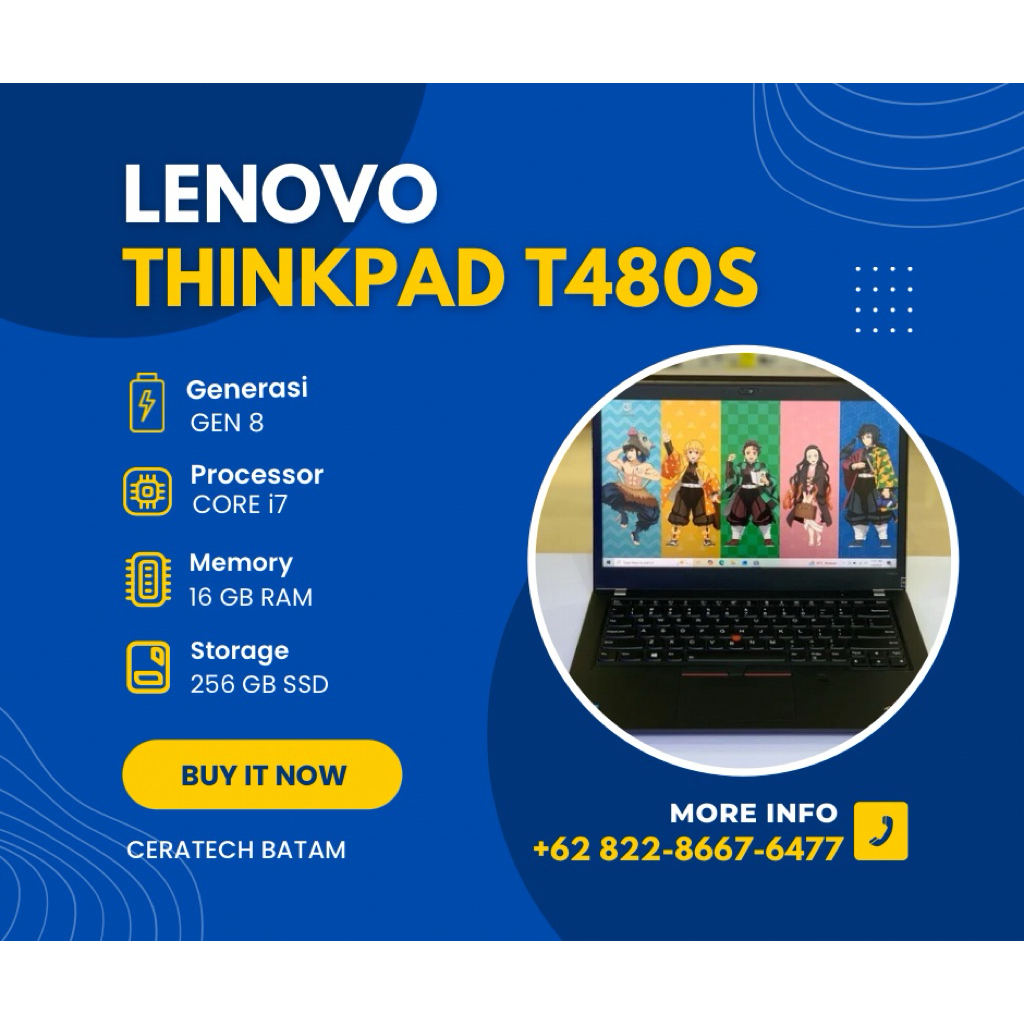 [PROMO] LENOVO THINKPAD T480s Core i7 Generasi 8 RAM 16 GB SSD 256 GB 14" INCH UHD NonTouch - Laptop