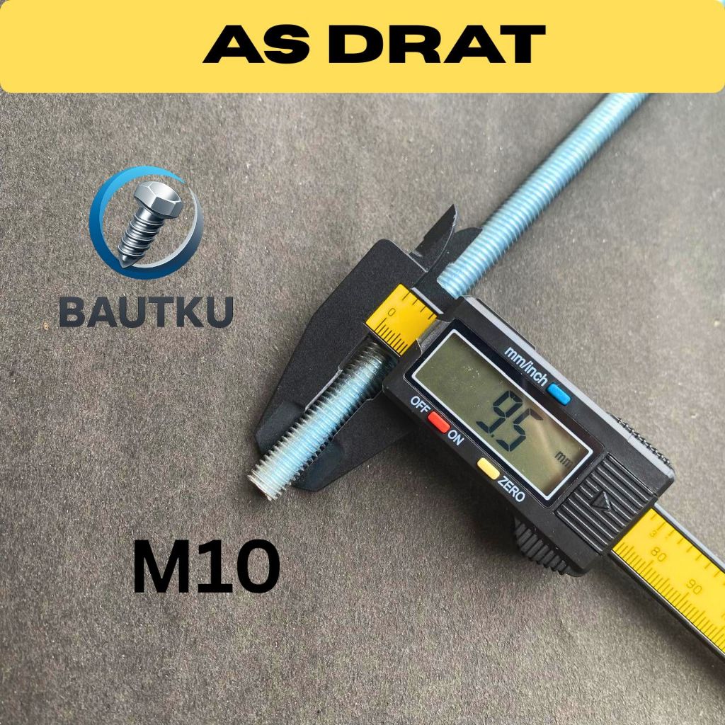AS DRAT M10 x 1 Meter Galvanis Putih (Mur Kunci 17) Long Drat M10 / Stud Bolt Besi 10mm Full Ulir 1M