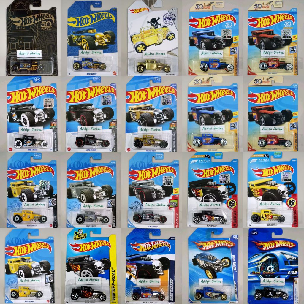 hot wheels bone shaker factory sealed short card larry wood 50th 58th anniversary black blue gold sa
