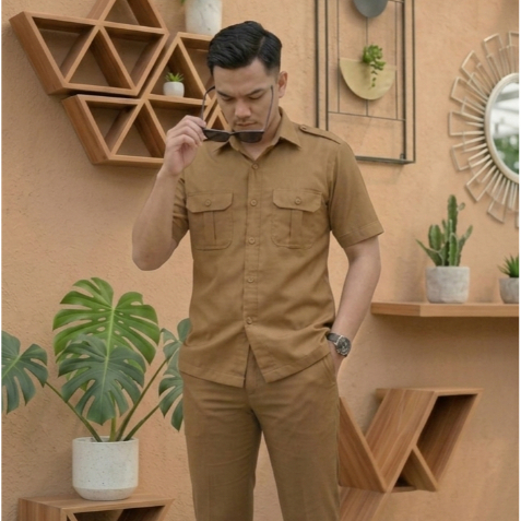 Kemeja PDH pria khaki lengan pendek Baju Celana Panjang