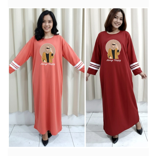 Gamis Wanita Dewasa Lengan Panjang Motif Always Happy pakaian perempuan dewasa gamis kaos