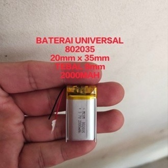 BATERAI ELEKTRONIK UNIVERSAL 802035 20MM X 35MM / 2CM X 3.5CM MODEL KABEL DAN +SOKET MANTUL BATTERY