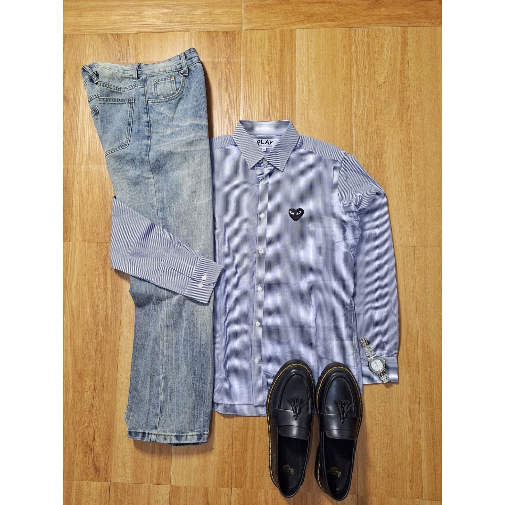 KEMEJA SHIRT STRIPES BLUE NAVY CDG PLAY PRIA WANITA COTTON ORIGINAL