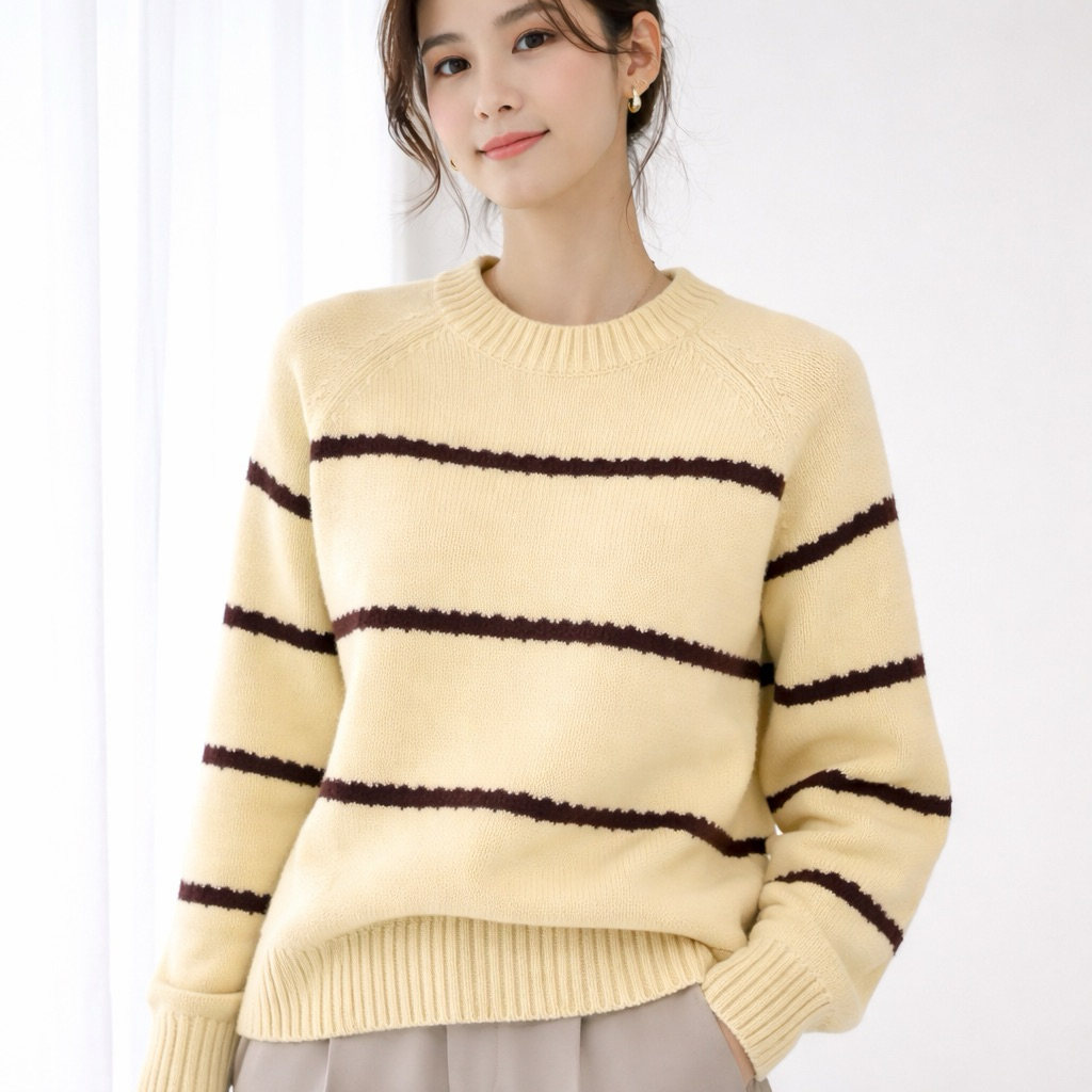 Sweater Rajut Wanita Cream Stripe Coklat – Knit Sweater Korean Style Casual – Sweater Rajut Wanita T