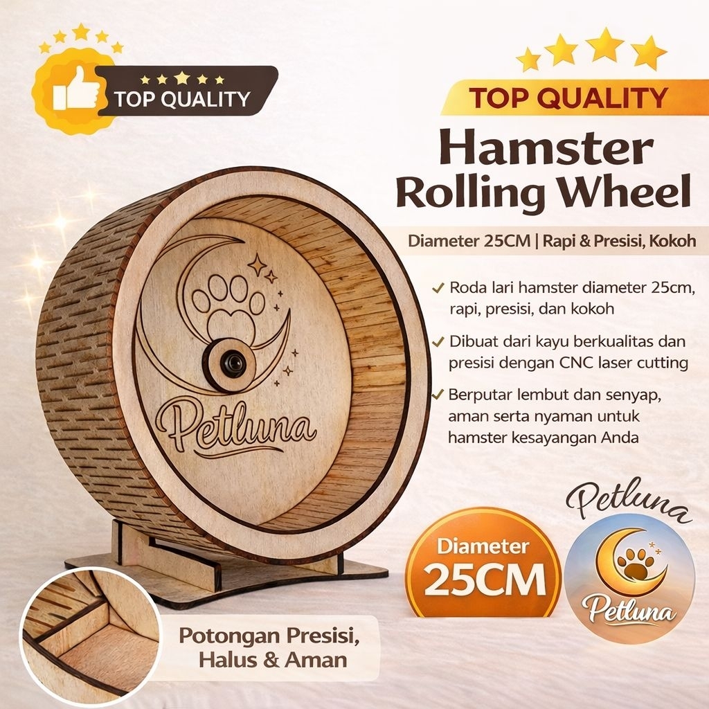 25cm Jogging Wheel Hamster Kayu Silent Petluna Kincir Hamster CNC Laser Cutting Tanpa Paku Aman Prem