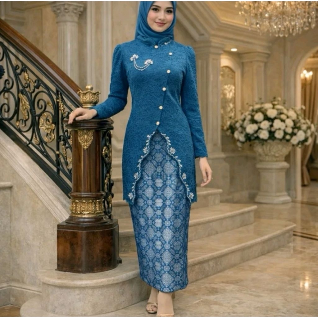 {Free Hijab} Setelah Kebaya Tunik Brokat Payet Janggan Modern Elegan Mix Songket Lilit Palembang Ata