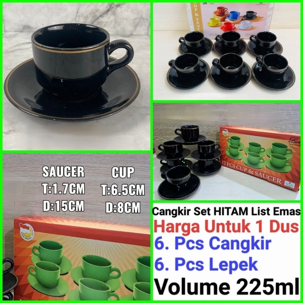 cangkir kopi cangkir set keramik HITAM LIST EMAS gelas kopi keramik harga satu dus (Isi 6 Set)