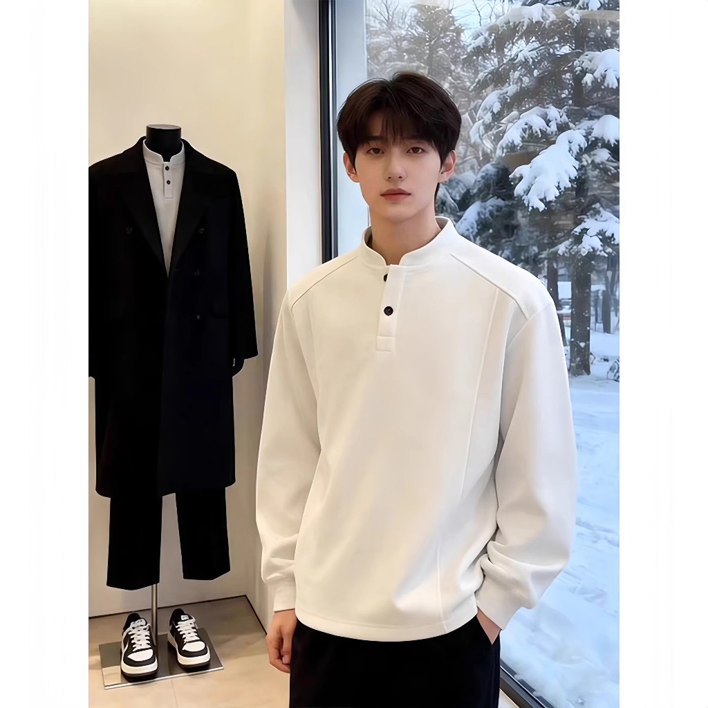 kemeja cowok v-neck casual tangan panjang oblong fashion pria casual Henley Neck T-Shirt Long Sleeve