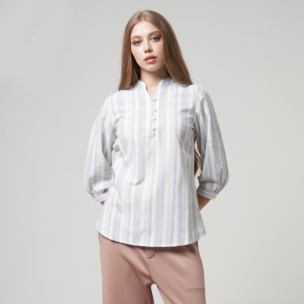 MCB Blouse Wanita Lengan 3/4 Rena Stripe Ice Blue Reguler Big Size M-XXXXL | 55.5104085