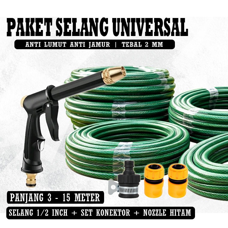 HBS Paket Selang Air Taman Lengkap 1/2 Inch Tebal 2 MM Panjang 3–15 Meter Dengan Nozzle Semprot Hita