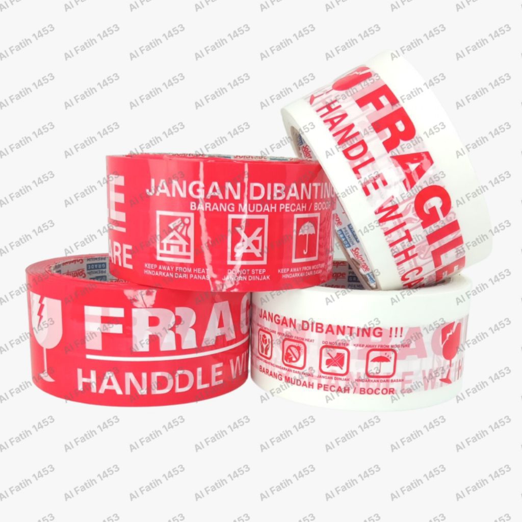 Lakban Fragile Merah Putih 50 Yard - Daya Rekat Kuat, Tahan Air, Peringatan Visual Jelas