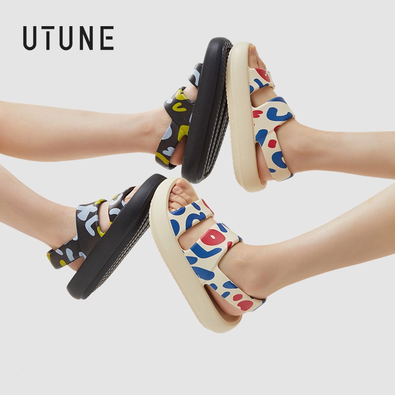 UTUNE Sandal Datar Wanita Bermotif Sepatu Pantai Luar Ruangan Wanita Sandal EVA Anti Selip Bantalan 