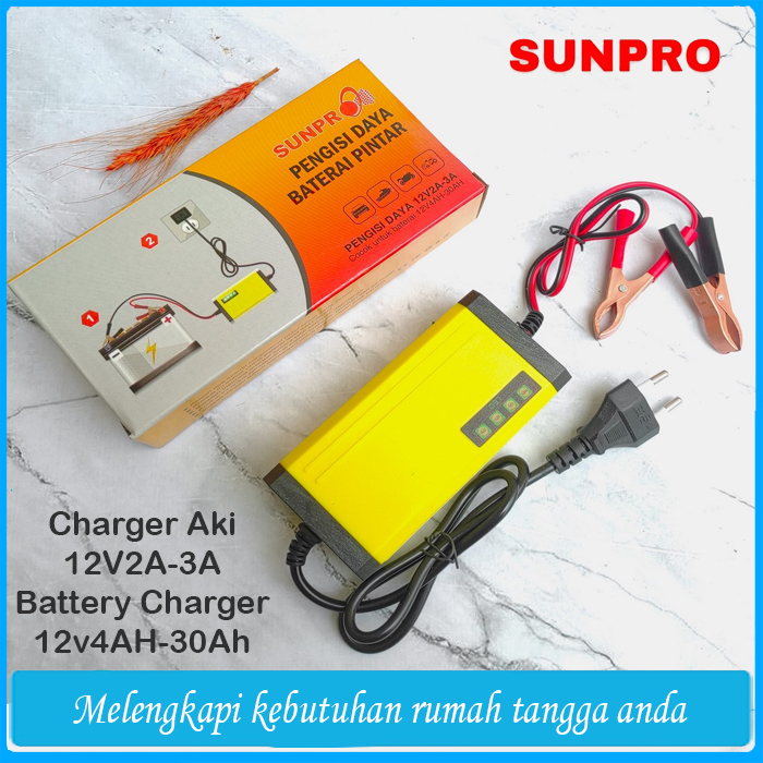 Charger Aki Sunpro 12V 2A-3A - Pengisian Otomatis, Indikator Lampu, Perlindungan Suhu / Cas Aki 3 Am
