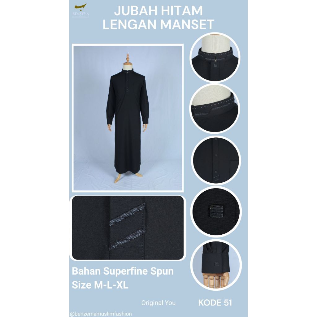 Jubah Gamis Koko Dewasa Hitam dan Putih Benzema