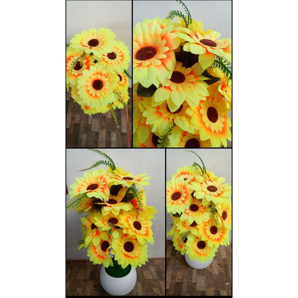 Bunga Matahari Besar Artifisial Cantik + Pot Bulat dengan 24 Kelopak Bunga | Bunga Plastik Imitasi