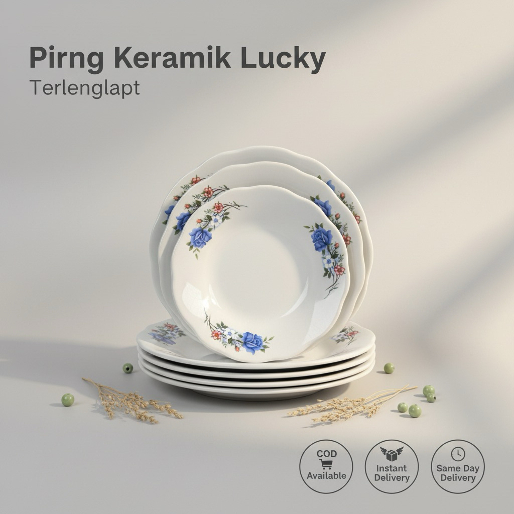 Piring Keramik Set Bunga Biru Lucky Piring Makan Cantik