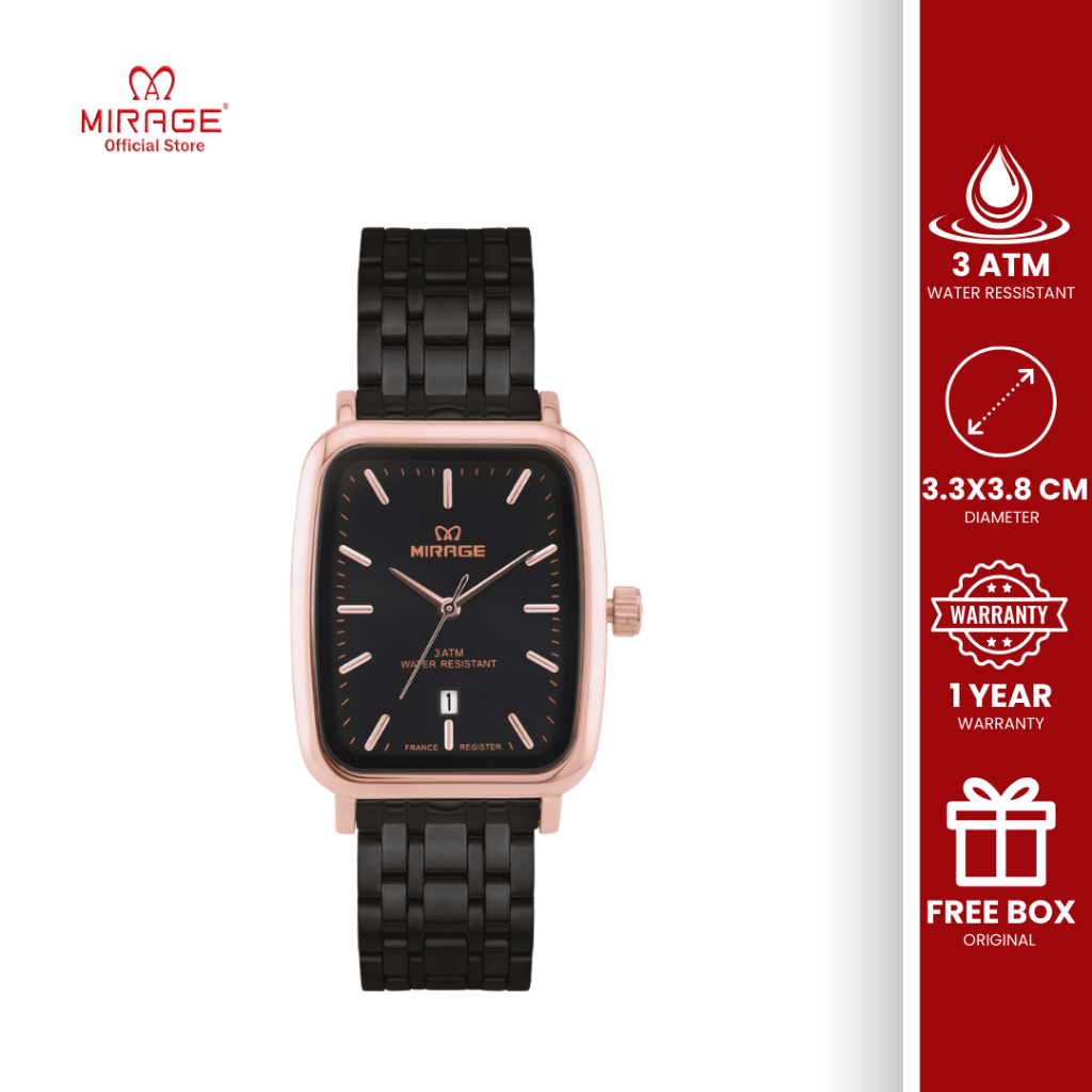Mirage Jam Tangan Pria Anti Air Analog Mewah Formal Kasual Segi Hitam Rosegold Bergaransi 8881 M