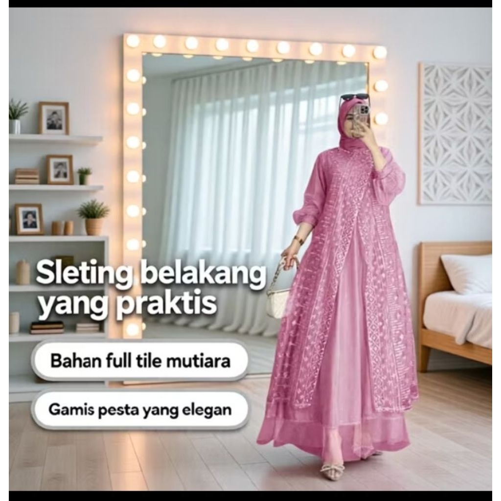 Dress Gamis Wanita Brokat Tile Payet Dileher Dan dada Baju/ Gamis Brokat Kondangan/ Gamis Raya COD
