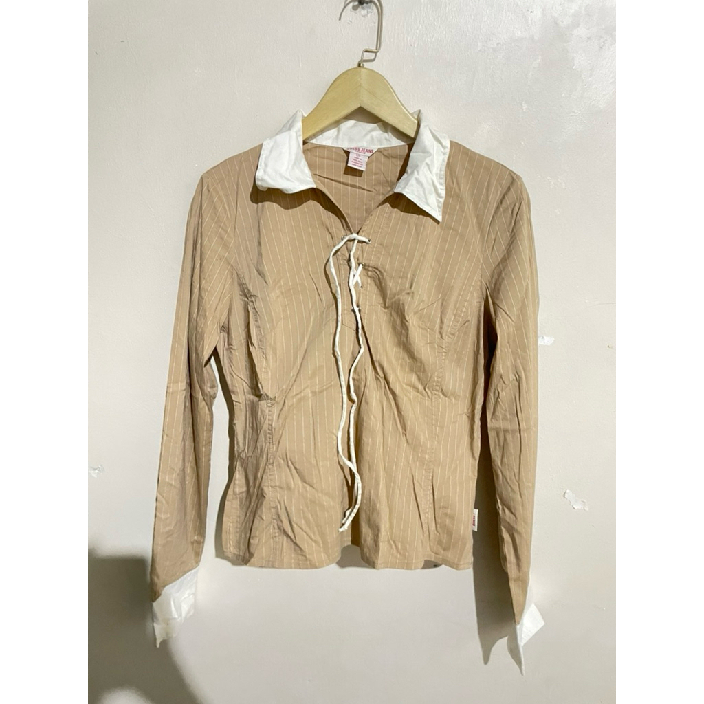 Blouse Vintage Guess Jeans Beige Stripe Lace Up Shirt Wanita