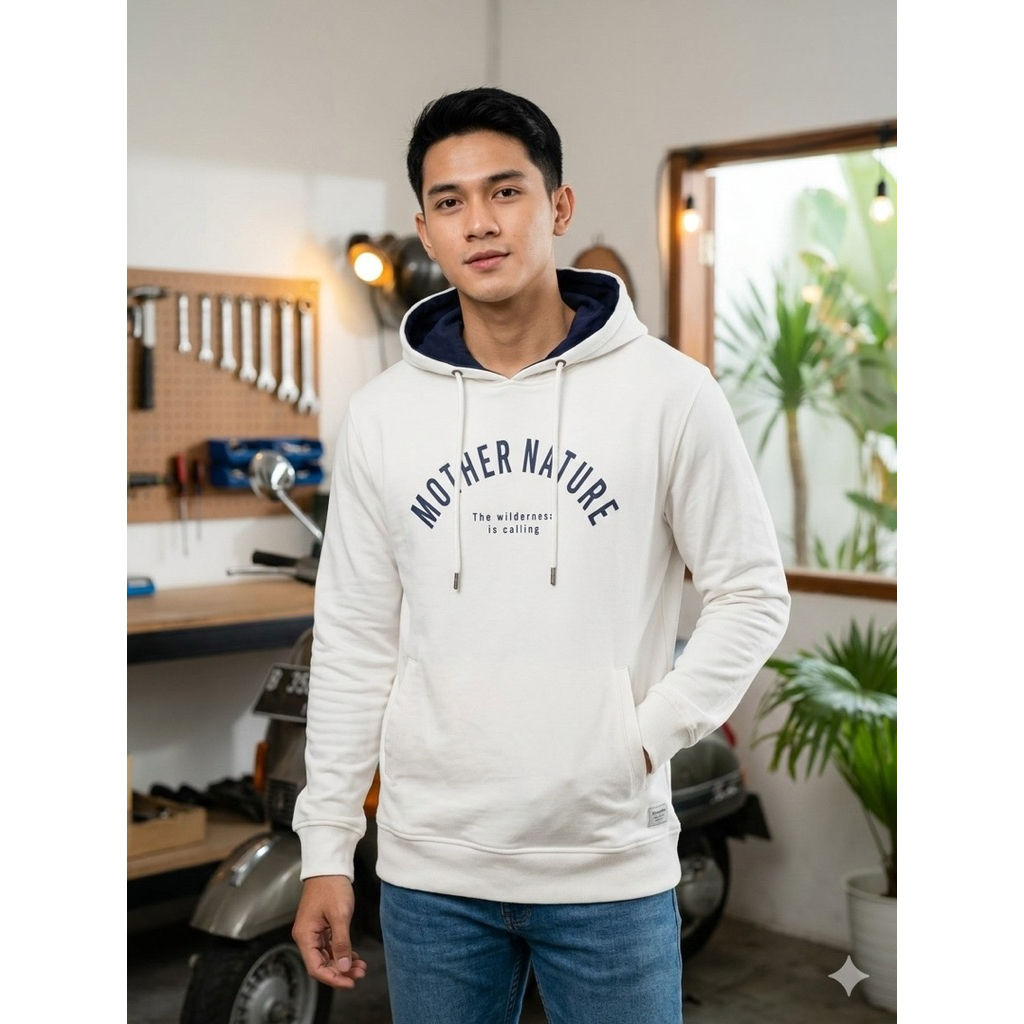 PL Hoodie Pria Tira Jeans Putih size M LD 100 PJ 65 Tulisan “Mother Nature”