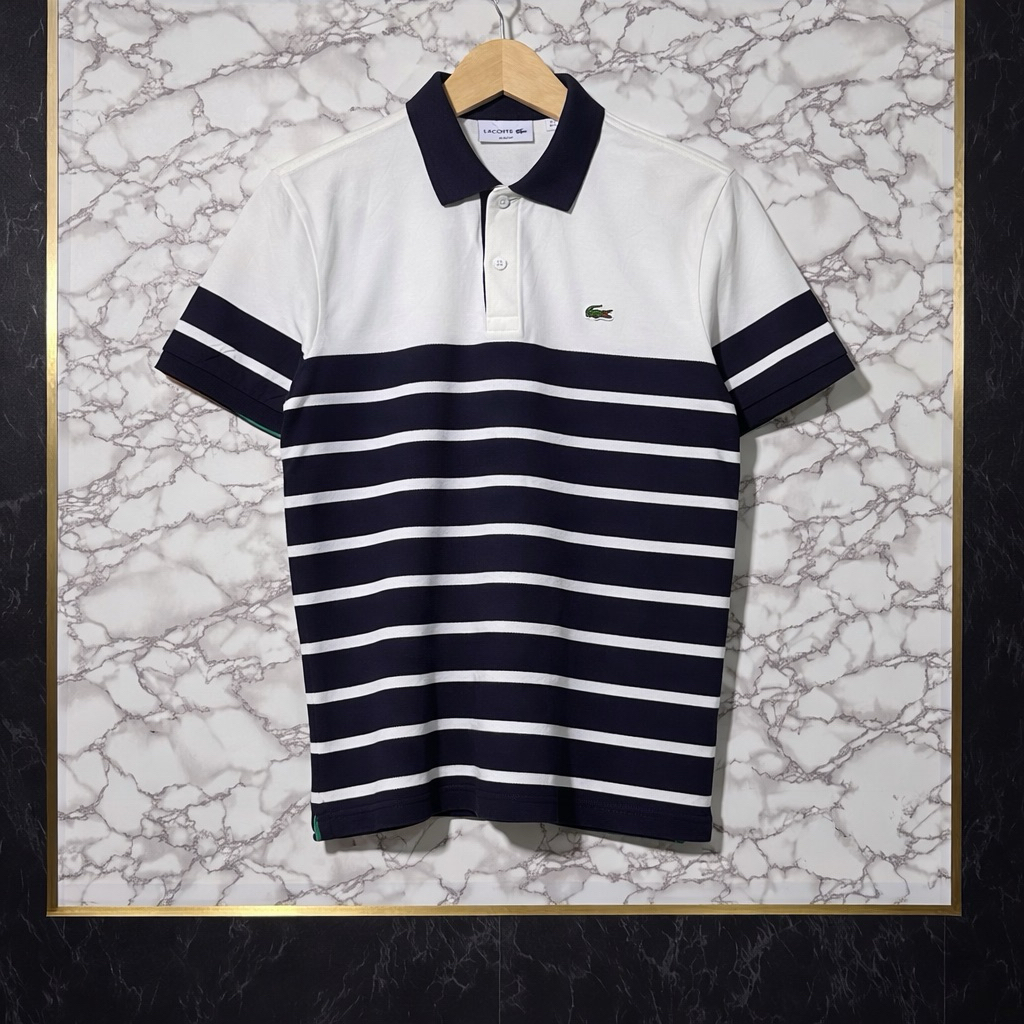 Lacoste Polo Shirt Original Slim Fit Stripe White Navy Size M P67 L49 Kondisi Sangat Bagus