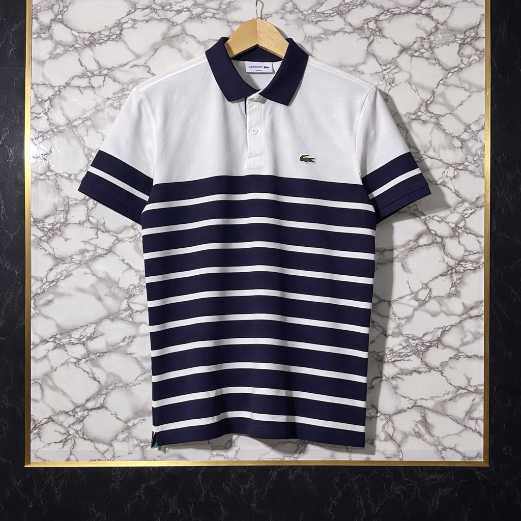 Lacoste Polo Shirt Slim Fit Original Stripe White Navy Size L P70 L54 Kondisi Like New