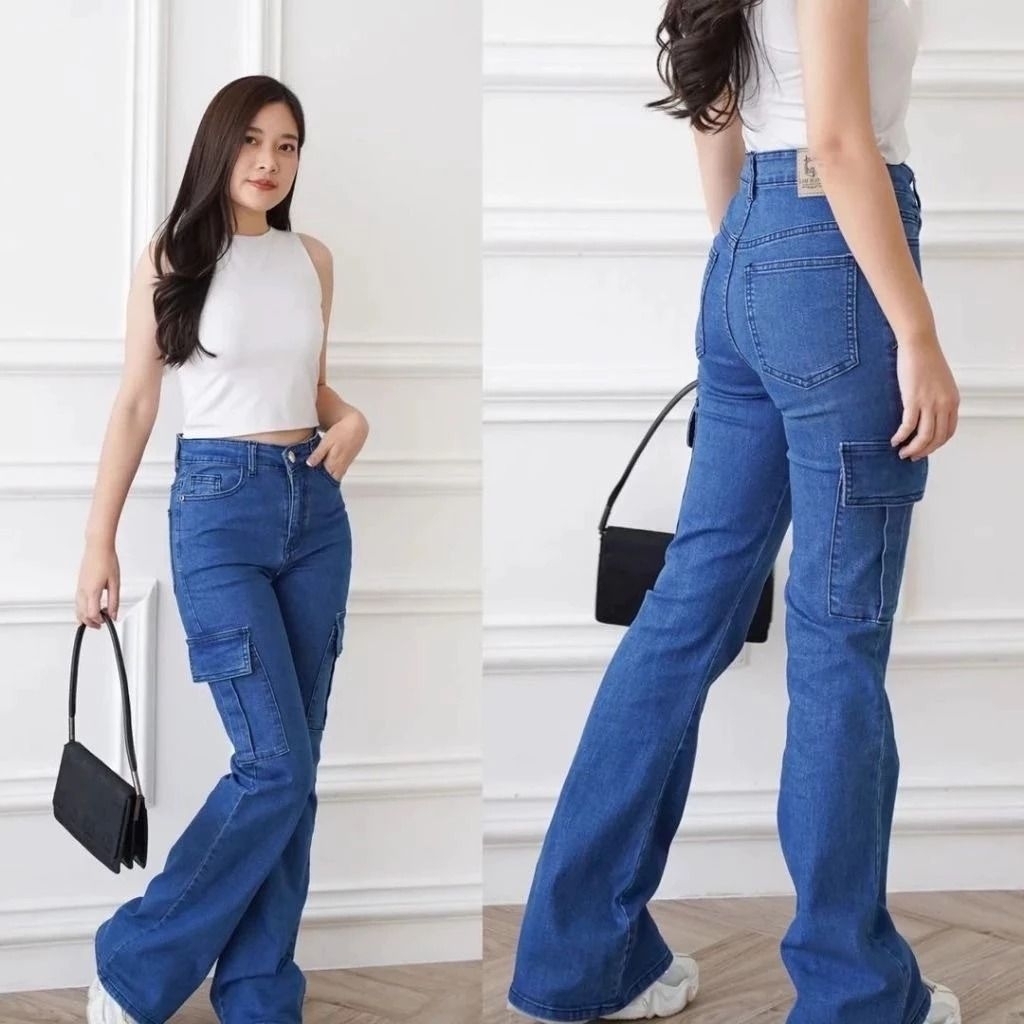 (Gratis Ongkir) Celana Cutbray Cargo Jeans Wanita Dewasa - Highwaist Celana Cutbray Jeans Bahan Prem