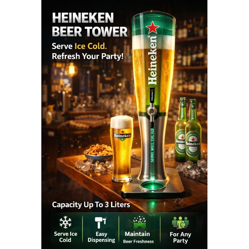 Beer Tower Dispenser Heineken 3L - Tempat Tuang Bir LED Dingin Keren untuk Pesta & Kafe