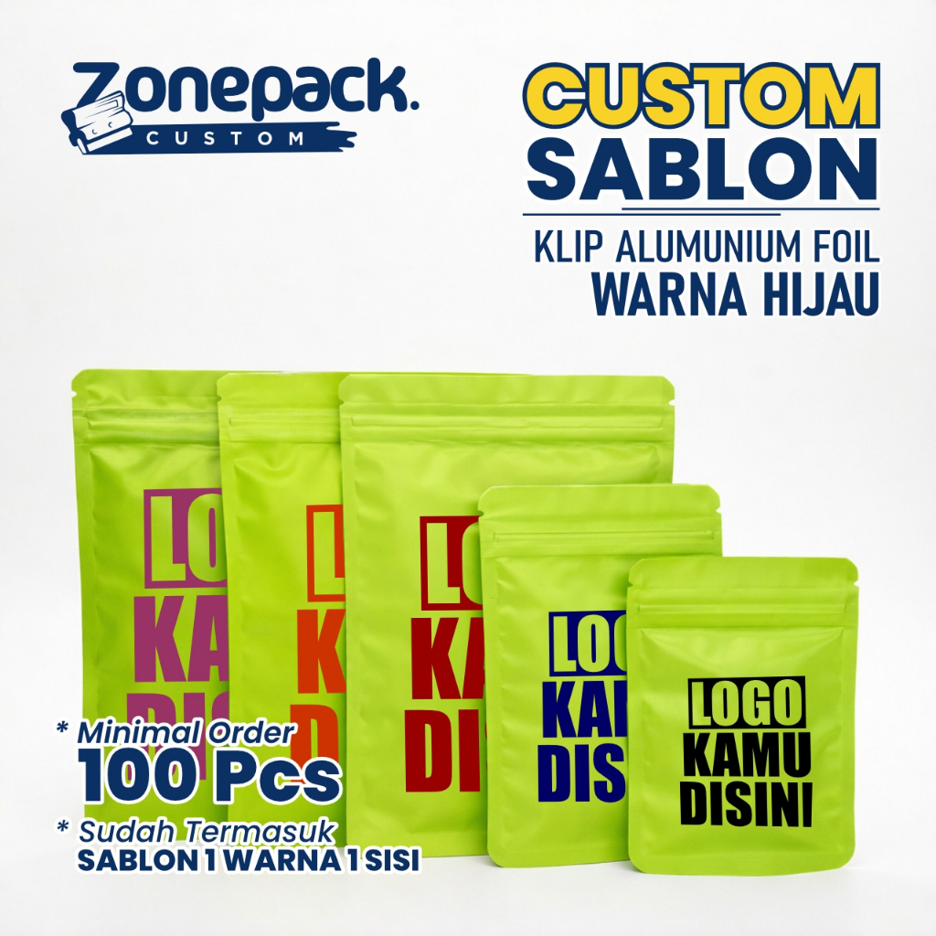 Sablon Plastik Klip Alumunium Foil Warna Hijau | Ziplock Klip Metalized Foil | Kemasan Makanan Kopi