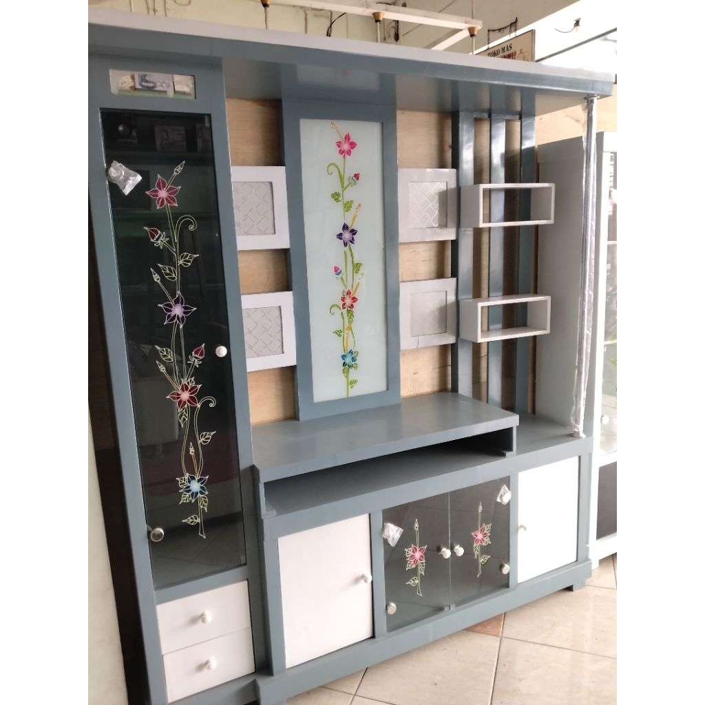 Bupet jari tv kaca lukis, pintu lukis ambalan kayu